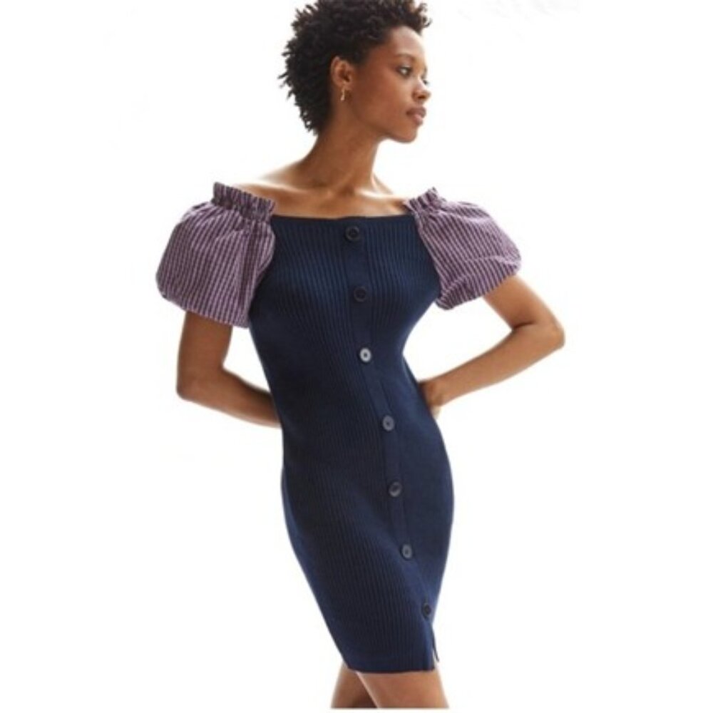 NEW Maeve Anthropologie Puff-Sleeved Mini Dress Sweater Ribbed Cotton Size Large